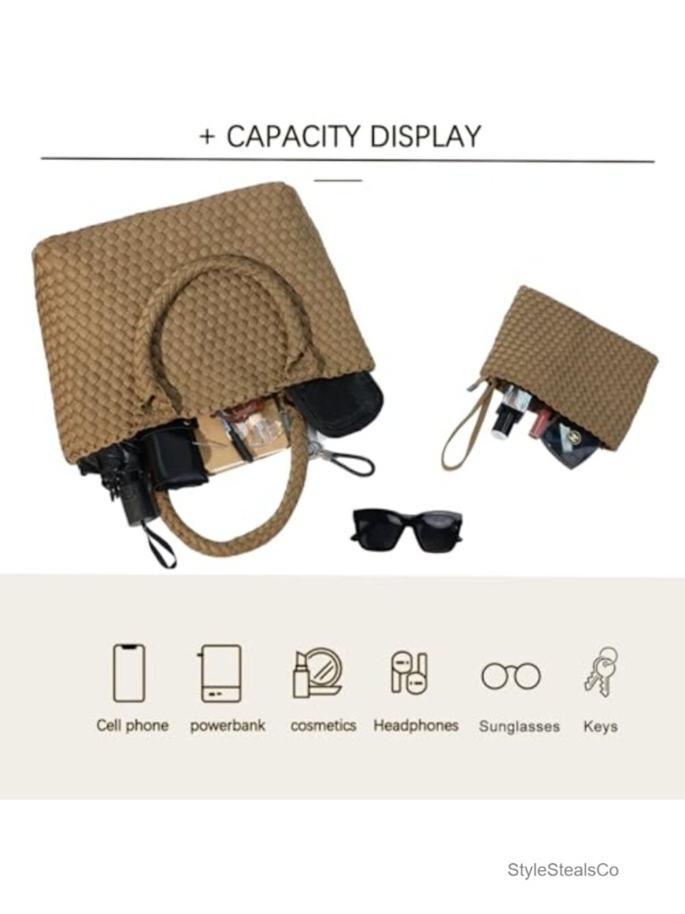 Woven Tote Bag for Women, Hand Woven Shoulder Bag with Small Handmade Purse, - Picture 3 of 5